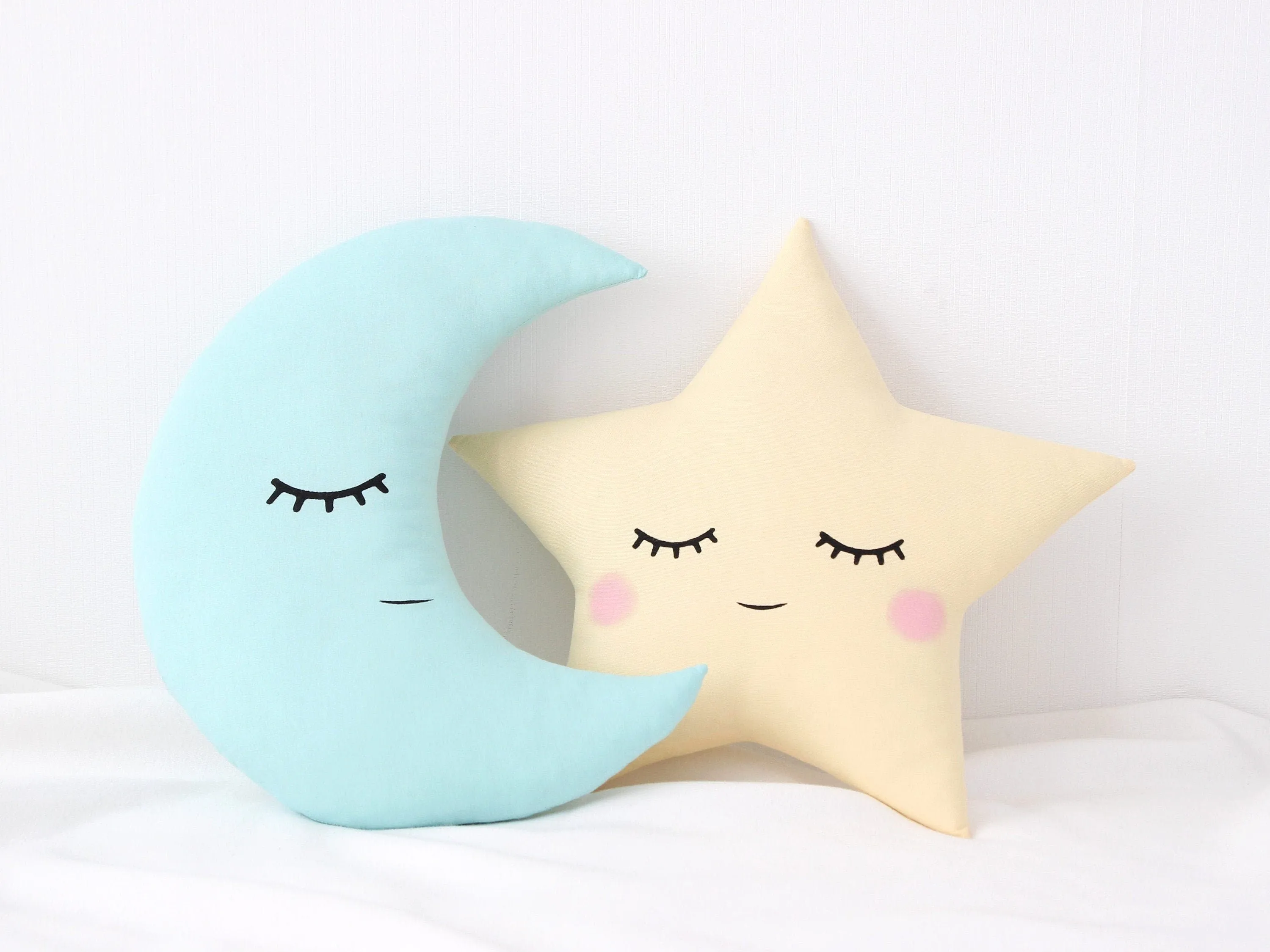 Set of 2 Pillows - Mint Crescent Moon Pillow and Pastel Yellow Star Pillow