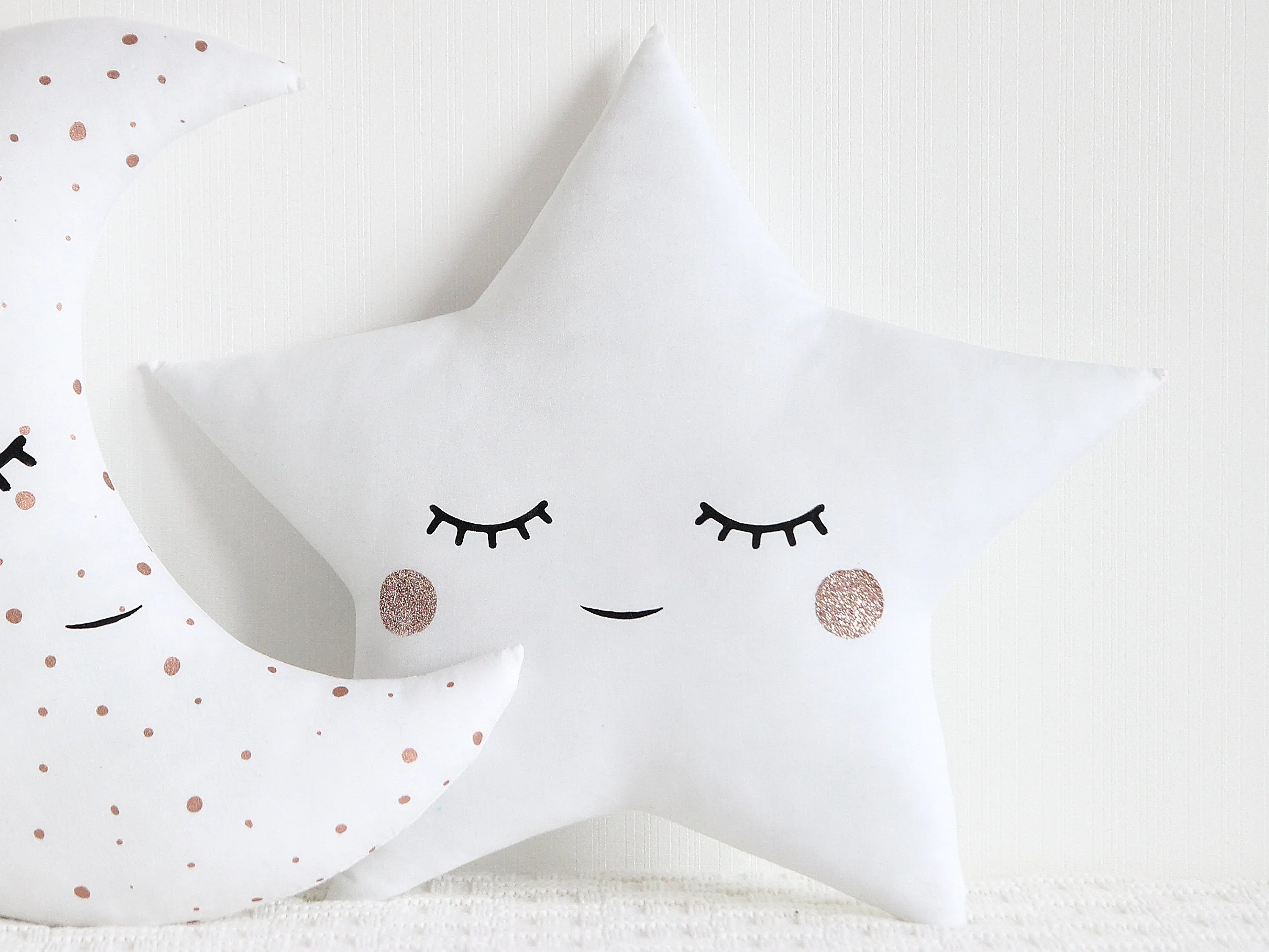 Set of 2 White Pillows - Crescent Moon and Star Pillows with Rose Golden Touch