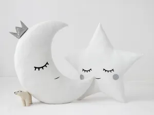 Set of 2 White Pillows - Crescent Moon and Star Pillows with Silver Touch
