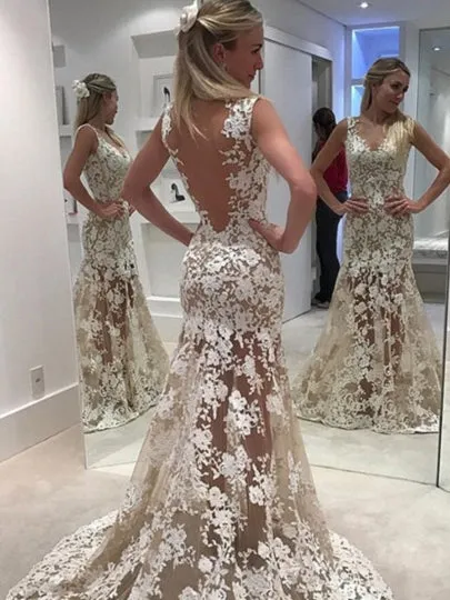 Sheer Mermaid Backless Ivory Lace Wedding Dress