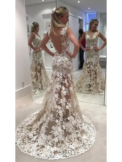 Sheer Mermaid Backless Ivory Lace Wedding Dress