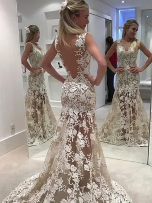 Sheer Mermaid Backless Ivory Lace Wedding Dress
