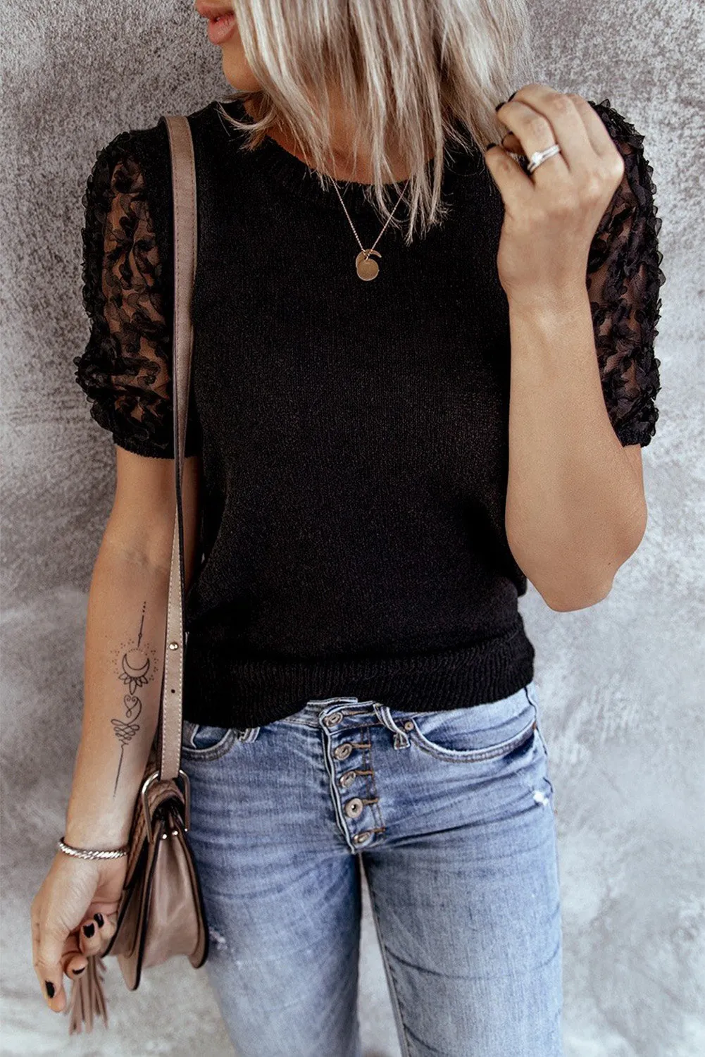 Sheer Sleeve Knit T-shirt