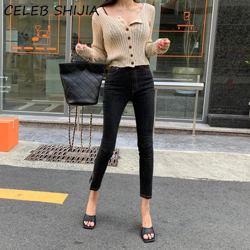 SHIJIA High Waist Skinny Jeans For Woman Elastic Casual Ankle-length Split Denim Pencil Jean Black Trousers Autumn 2021 Bottoms