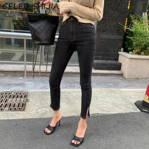 SHIJIA High Waist Skinny Jeans For Woman Elastic Casual Ankle-length Split Denim Pencil Jean Black Trousers Autumn 2021 Bottoms
