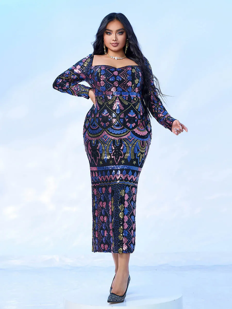 Square Neck Long Sleeve Split Sequin Dress RM20830