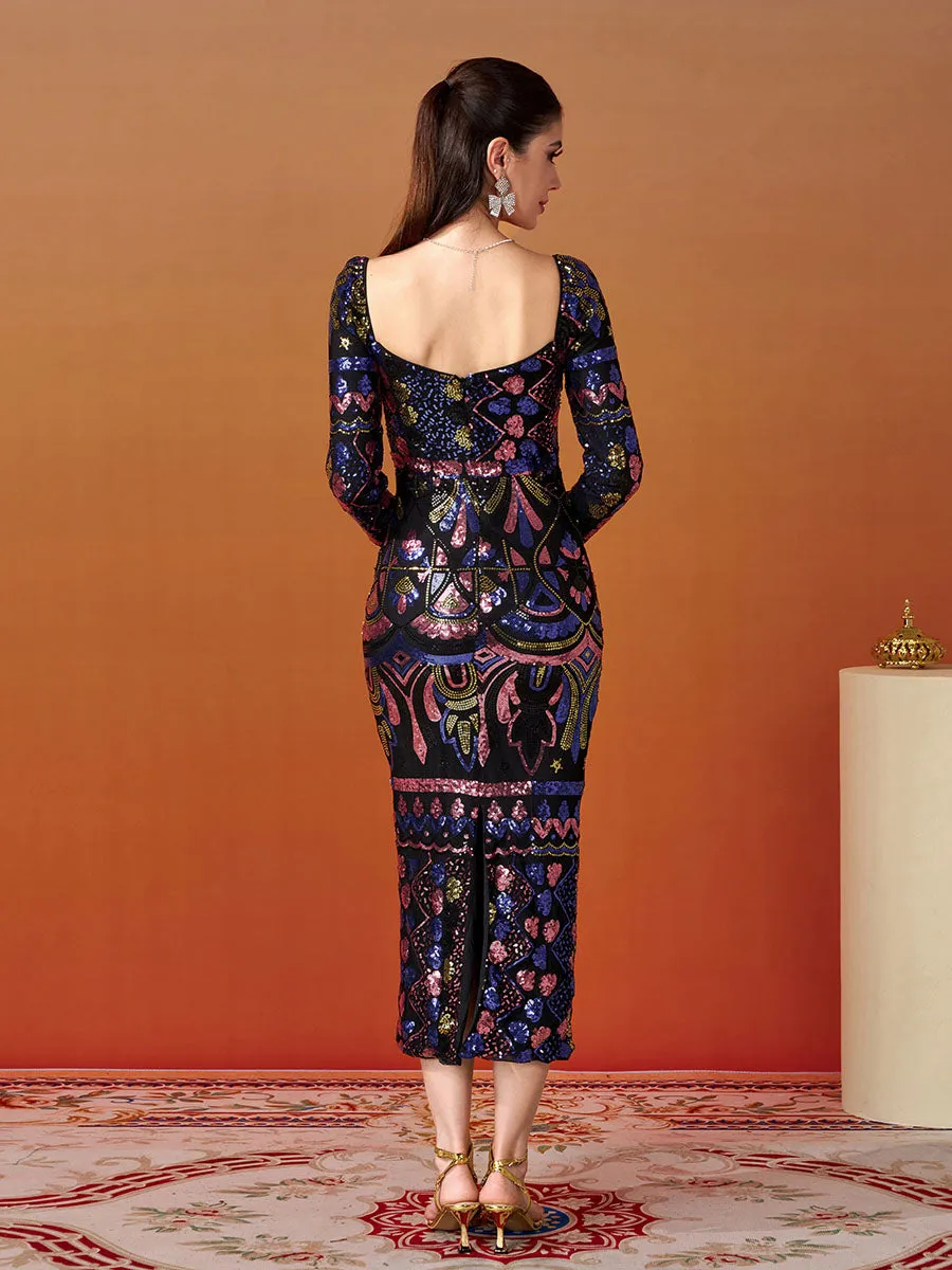 Square Neck Long Sleeve Split Sequin Dress RM20830