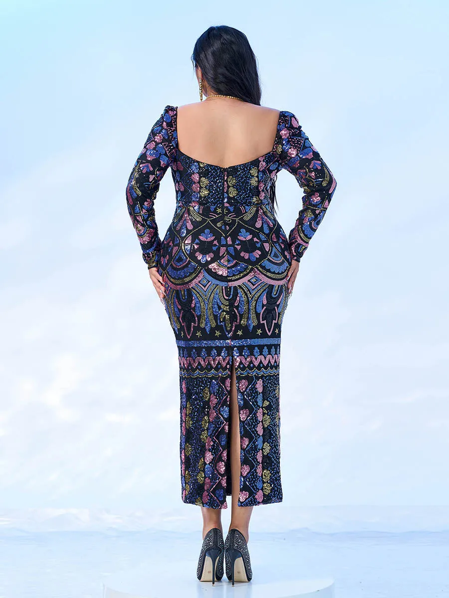 Square Neck Long Sleeve Split Sequin Dress RM20830