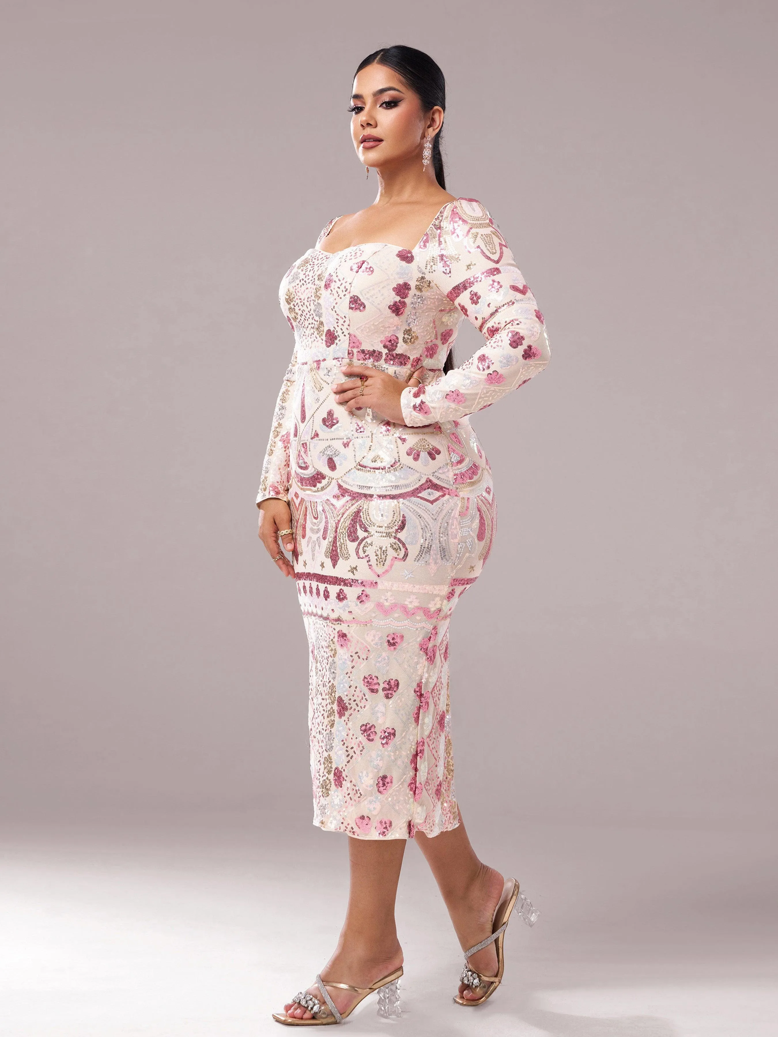 Square Neck Long Sleeve Split Sequin Dress RM20830