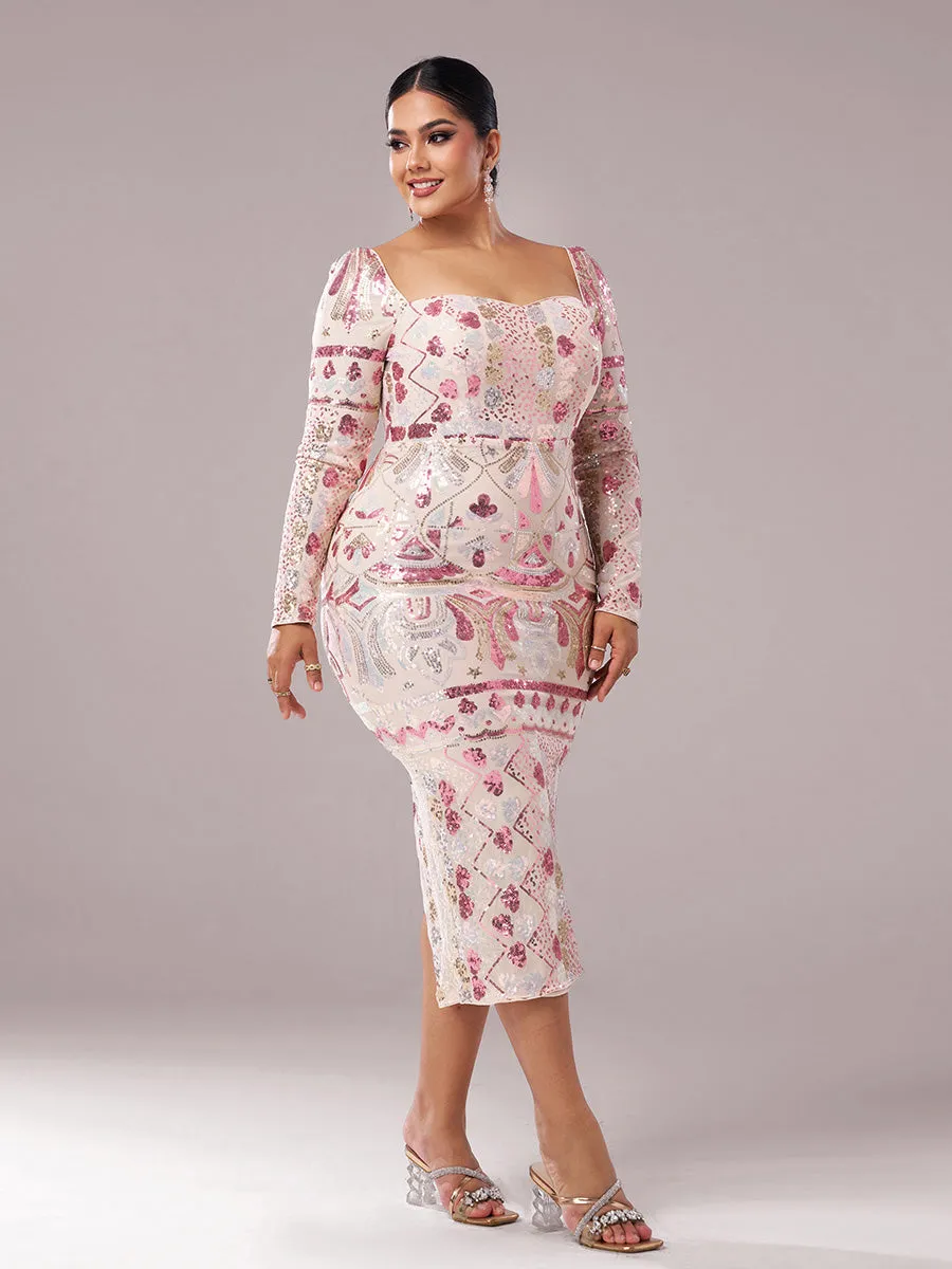 Square Neck Long Sleeve Split Sequin Dress RM20830