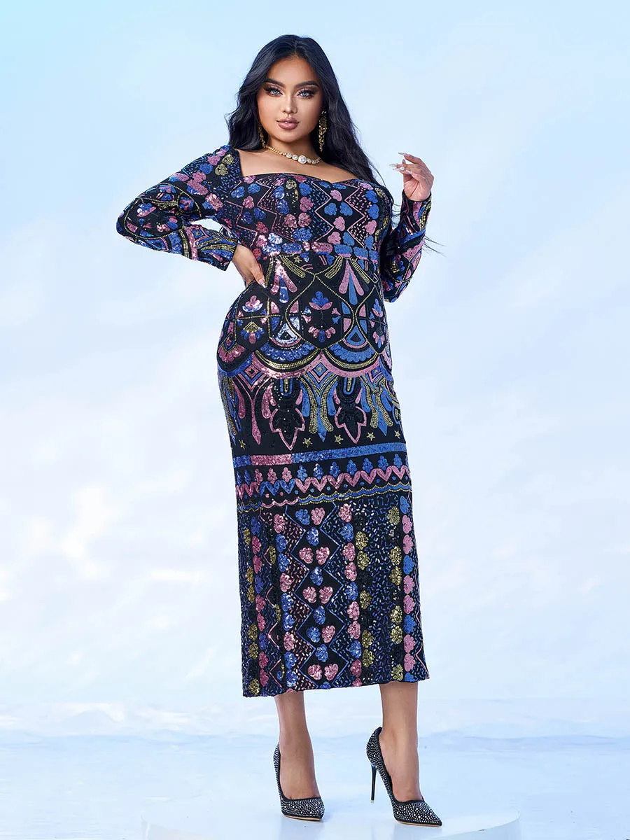 Square Neck Long Sleeve Split Sequin Dress RM20830