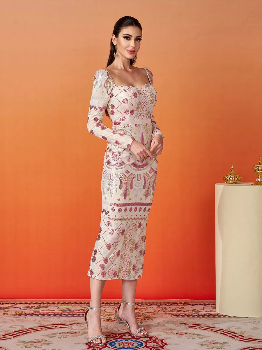 Square Neck Long Sleeve Split Sequin Dress RM20830