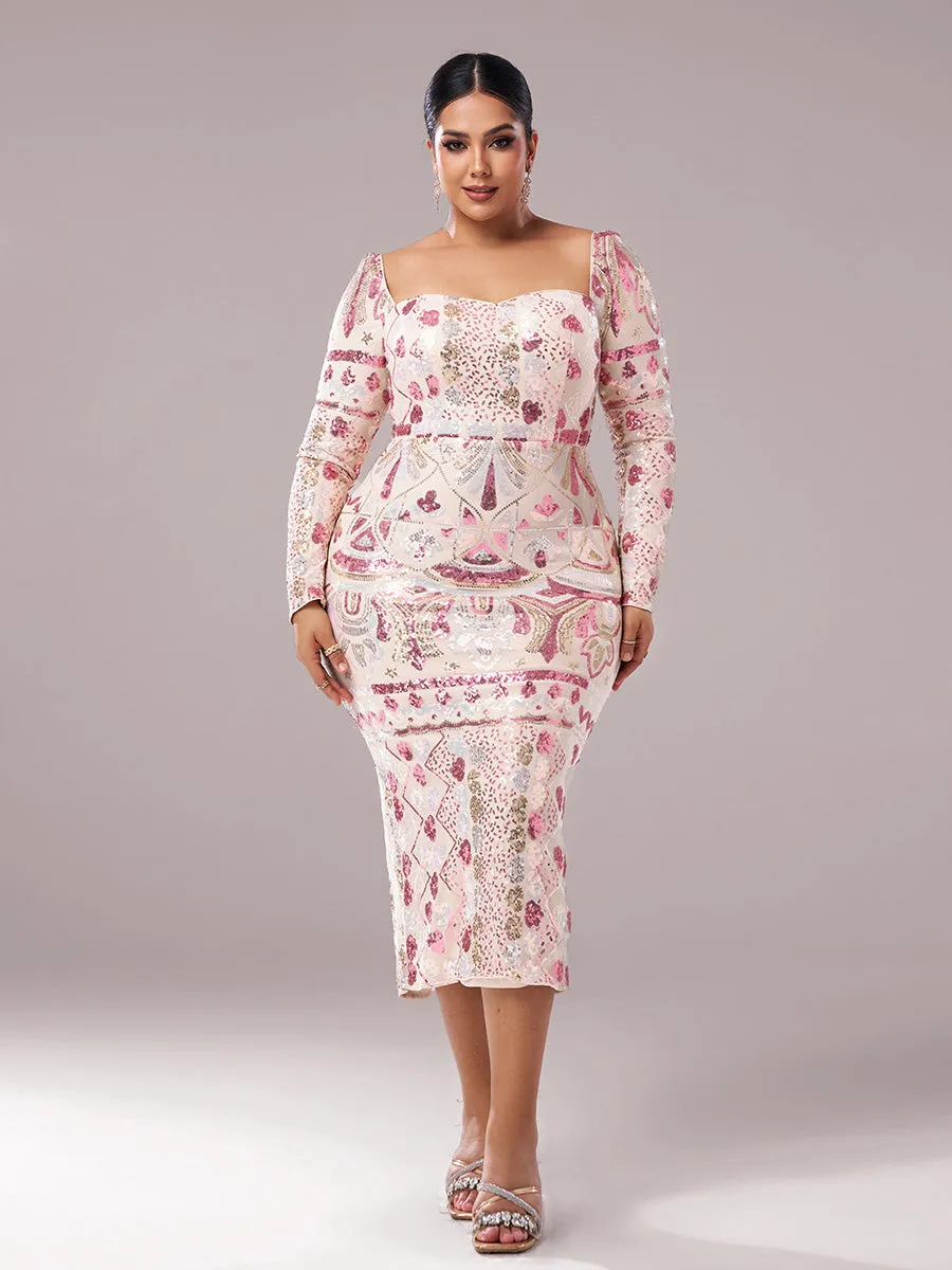 Square Neck Long Sleeve Split Sequin Dress RM20830