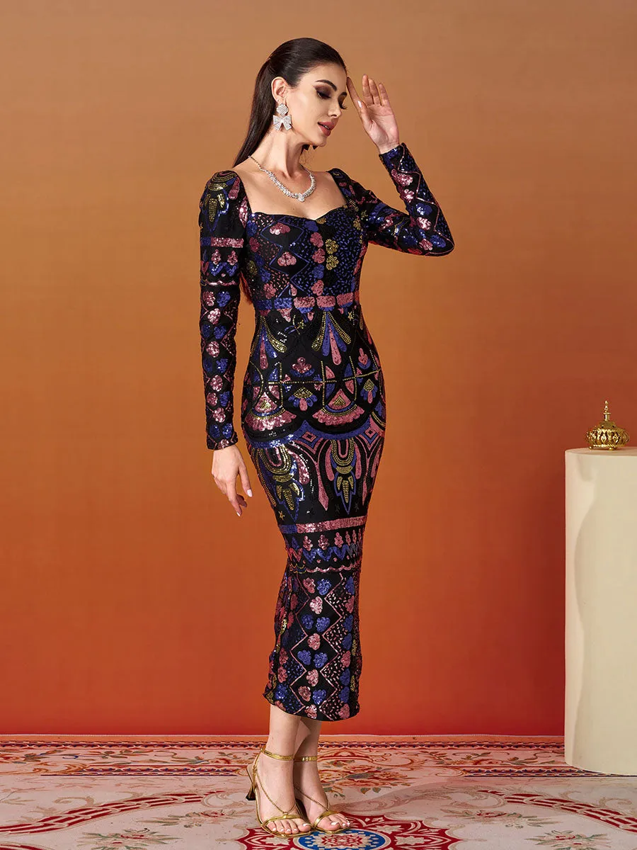 Square Neck Long Sleeve Split Sequin Dress RM20830