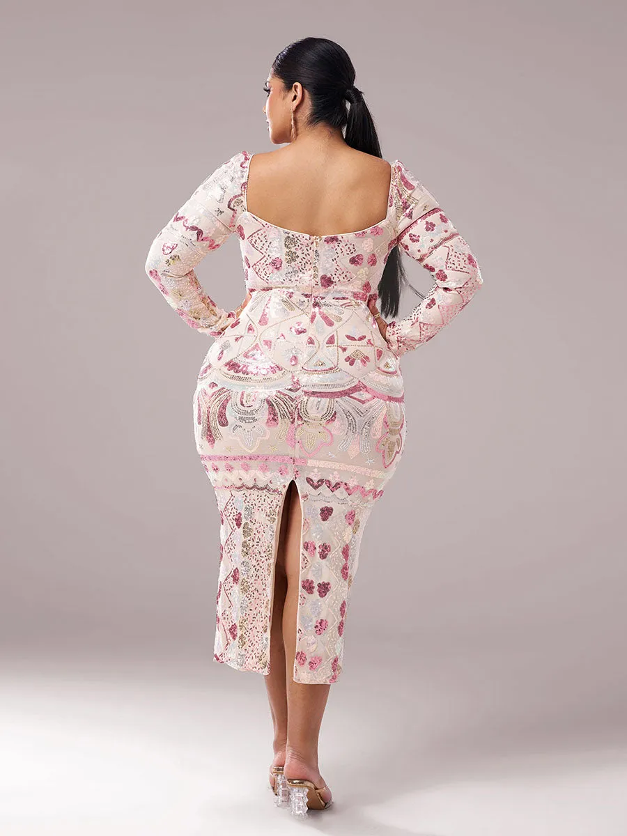 Square Neck Long Sleeve Split Sequin Dress RM20830