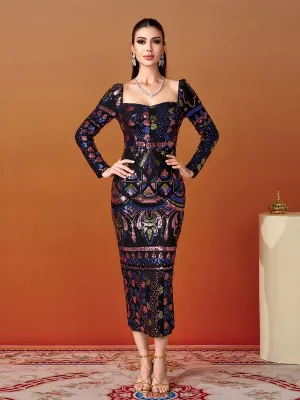 Square Neck Long Sleeve Split Sequin Dress RM20830