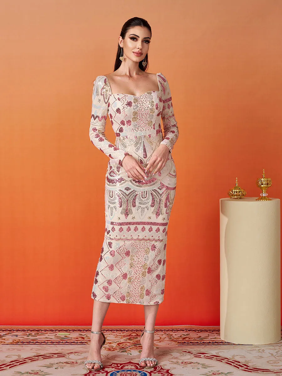 Square Neck Long Sleeve Split Sequin Dress RM20830