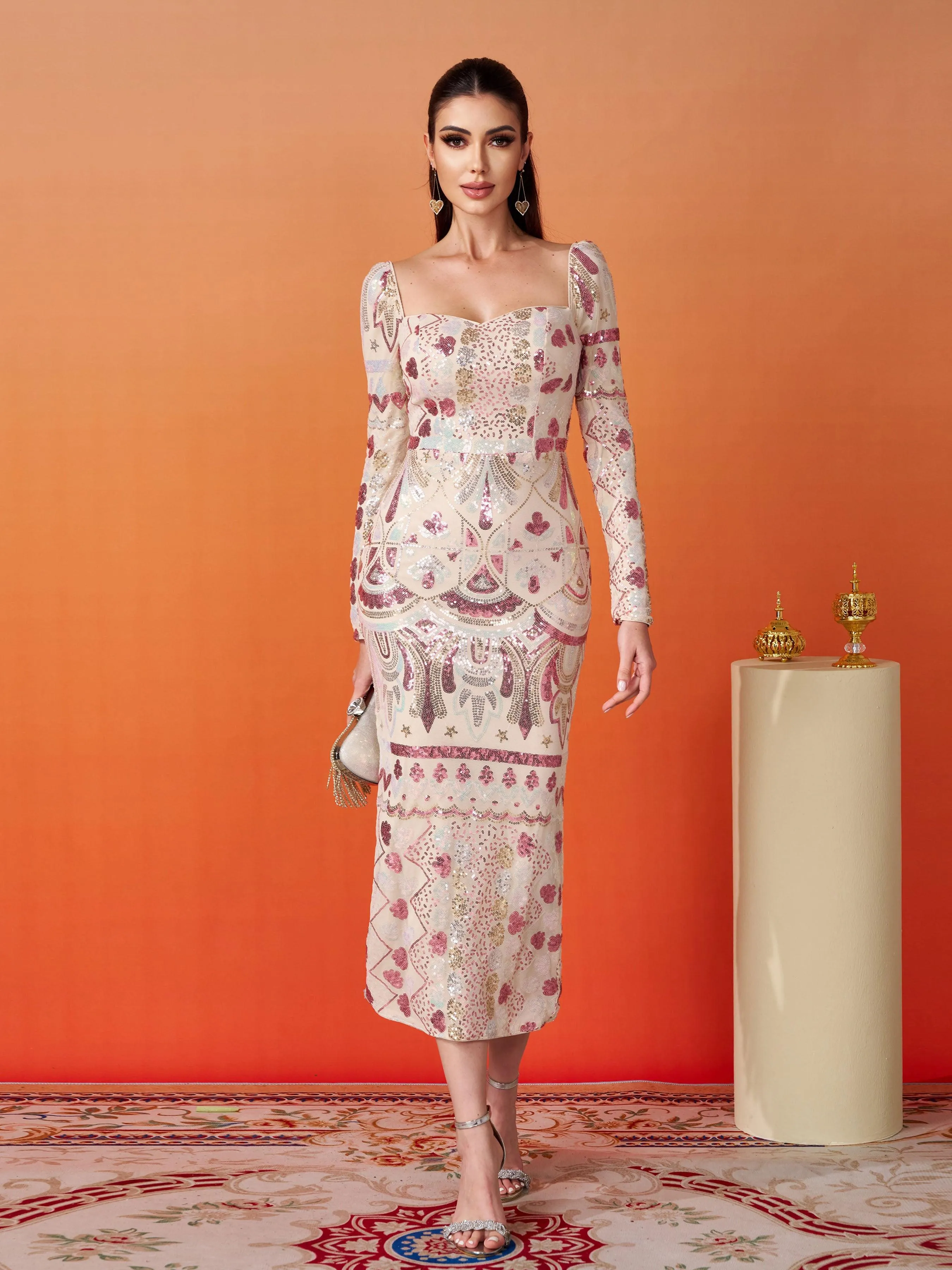 Square Neck Long Sleeve Split Sequin Dress RM20830