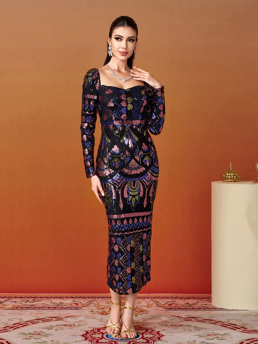 Square Neck Long Sleeve Split Sequin Dress RM20830