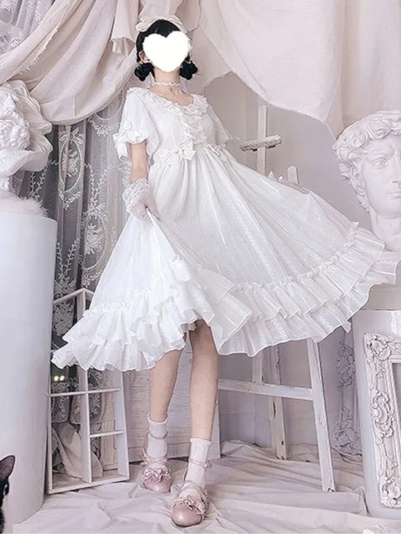 Sweet Lolita Dress Chiffon Short Sleeves Ruffles Bowknot Light Sky Blue Sweet Lolita Dress