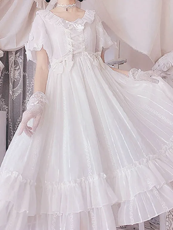 Sweet Lolita Dress Chiffon Short Sleeves Ruffles Bowknot Light Sky Blue Sweet Lolita Dress