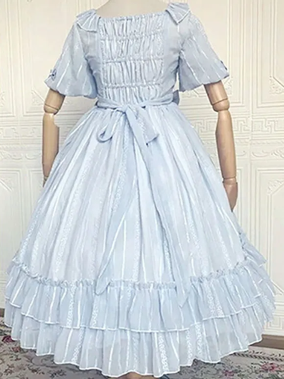 Sweet Lolita Dress Chiffon Short Sleeves Ruffles Bowknot Light Sky Blue Sweet Lolita Dress