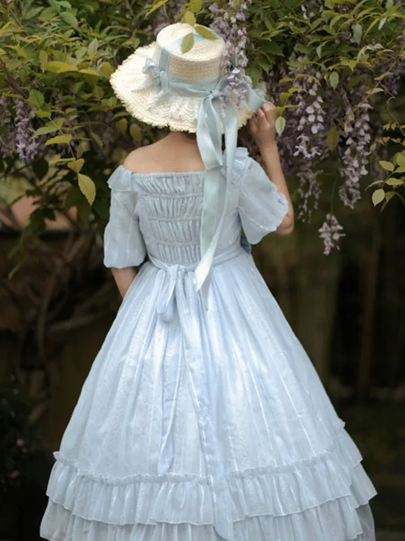 Sweet Lolita Dress Chiffon Short Sleeves Ruffles Bowknot Light Sky Blue Sweet Lolita Dress
