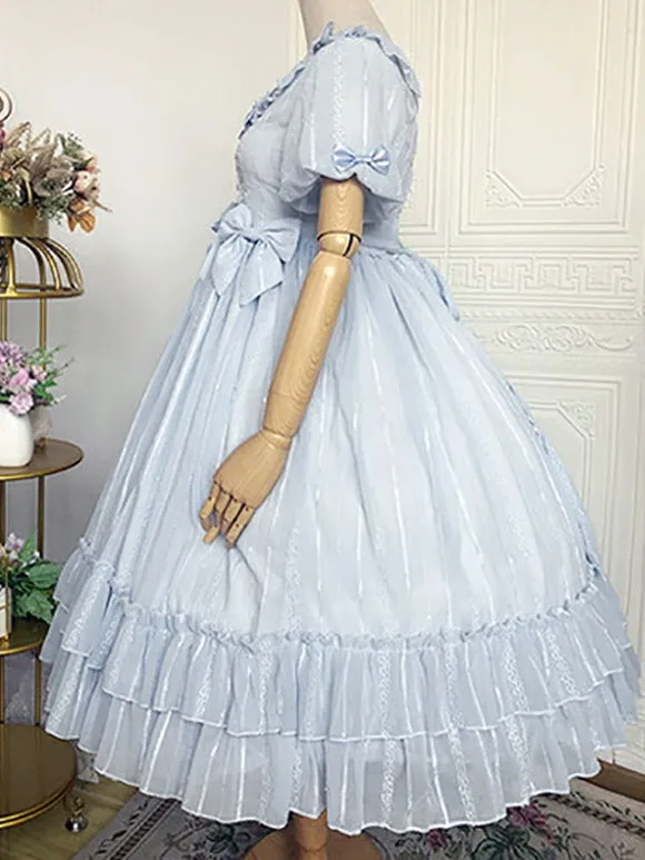 Sweet Lolita Dress Chiffon Short Sleeves Ruffles Bowknot Light Sky Blue Sweet Lolita Dress