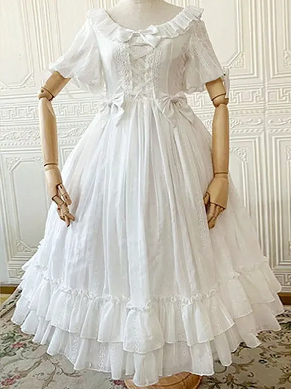 Sweet Lolita Dress Chiffon Short Sleeves Ruffles Bowknot Light Sky Blue Sweet Lolita Dress