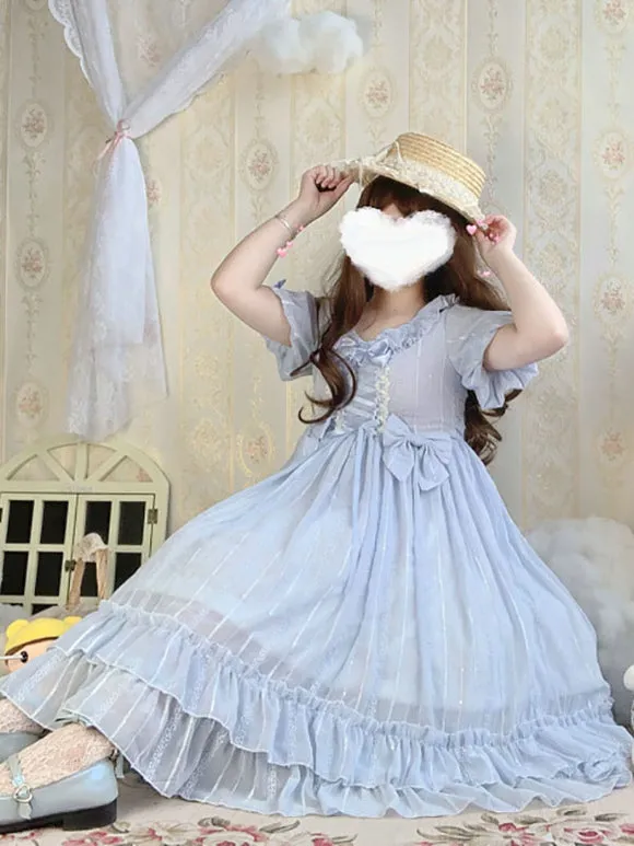 Sweet Lolita Dress Chiffon Short Sleeves Ruffles Bowknot Light Sky Blue Sweet Lolita Dress