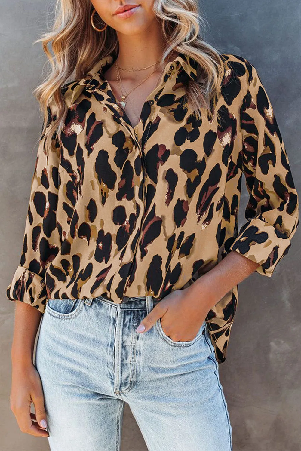 Turn-down Collar Leopard Print Shirt