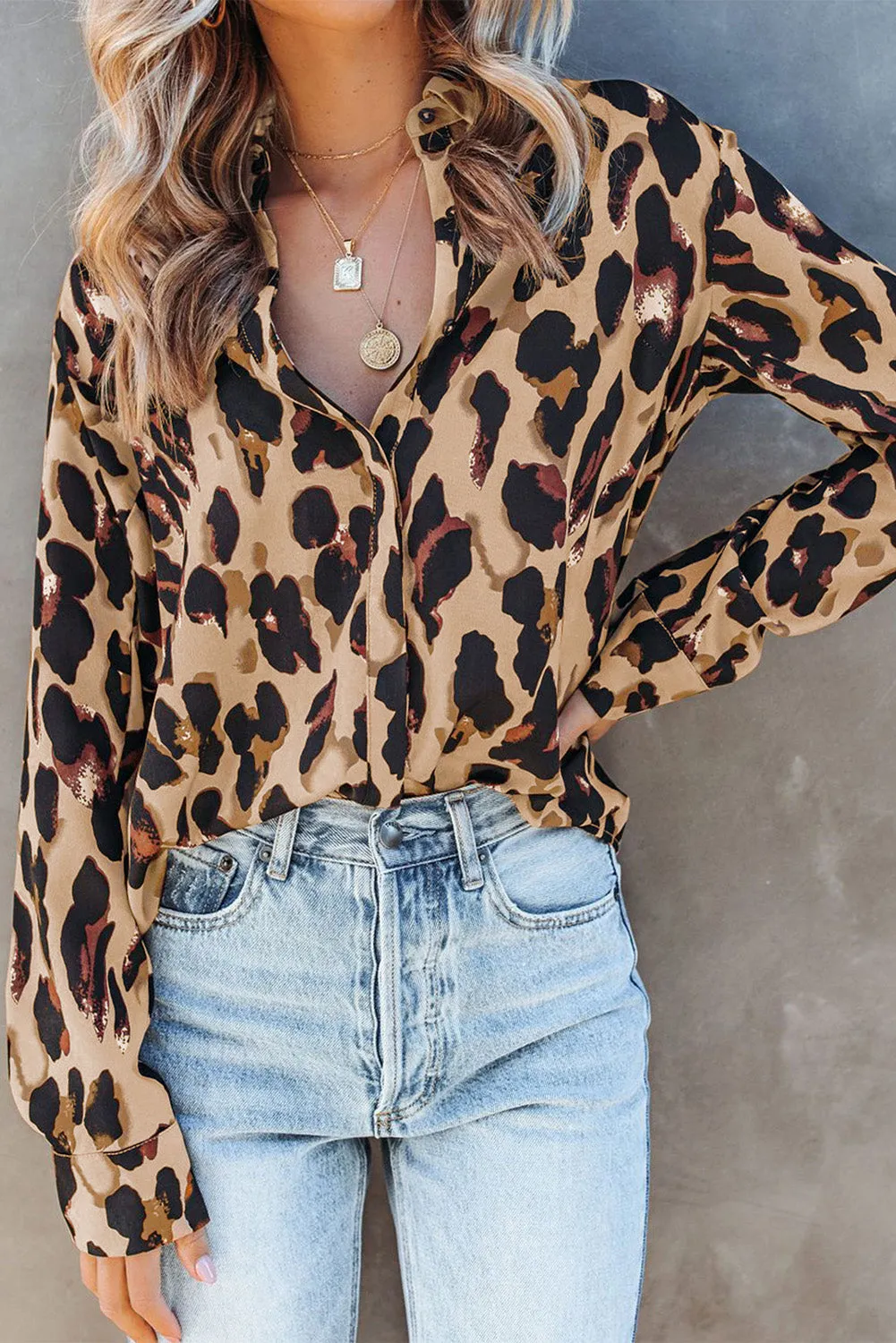 Turn-down Collar Leopard Print Shirt