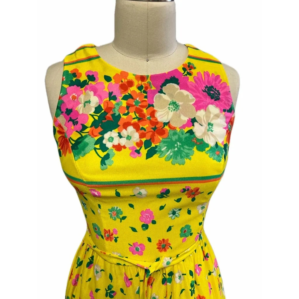 Vintage California Poppy Yellow Floral Sleeveless Dress 1960s Slinky Summer Small