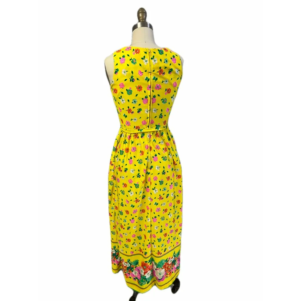 Vintage California Poppy Yellow Floral Sleeveless Dress 1960s Slinky Summer Small