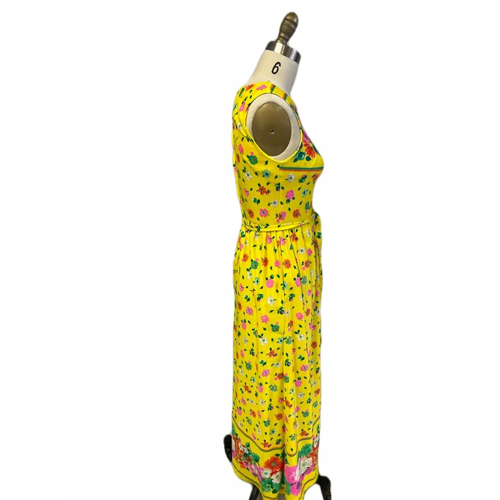 Vintage California Poppy Yellow Floral Sleeveless Dress 1960s Slinky Summer Small
