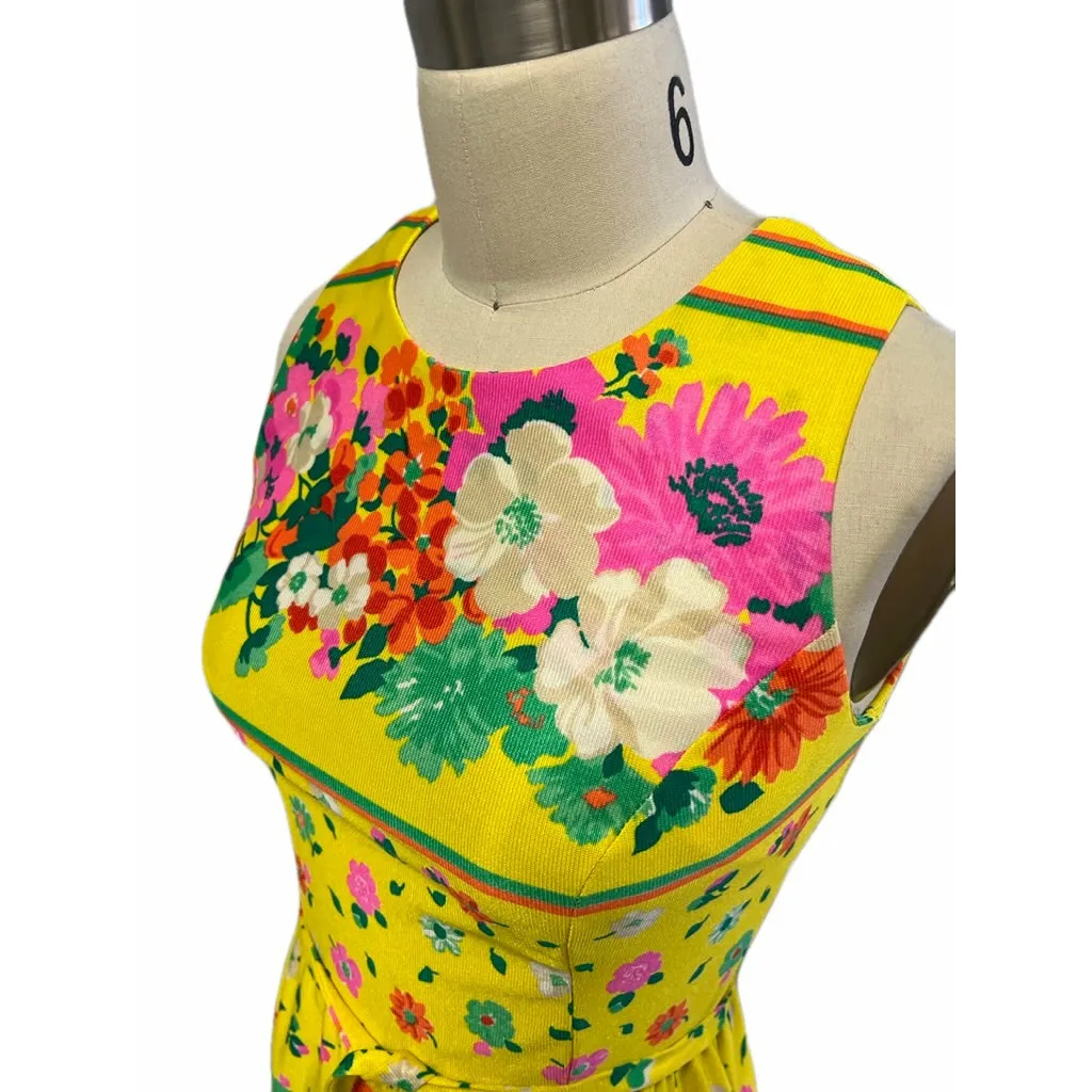 Vintage California Poppy Yellow Floral Sleeveless Dress 1960s Slinky Summer Small