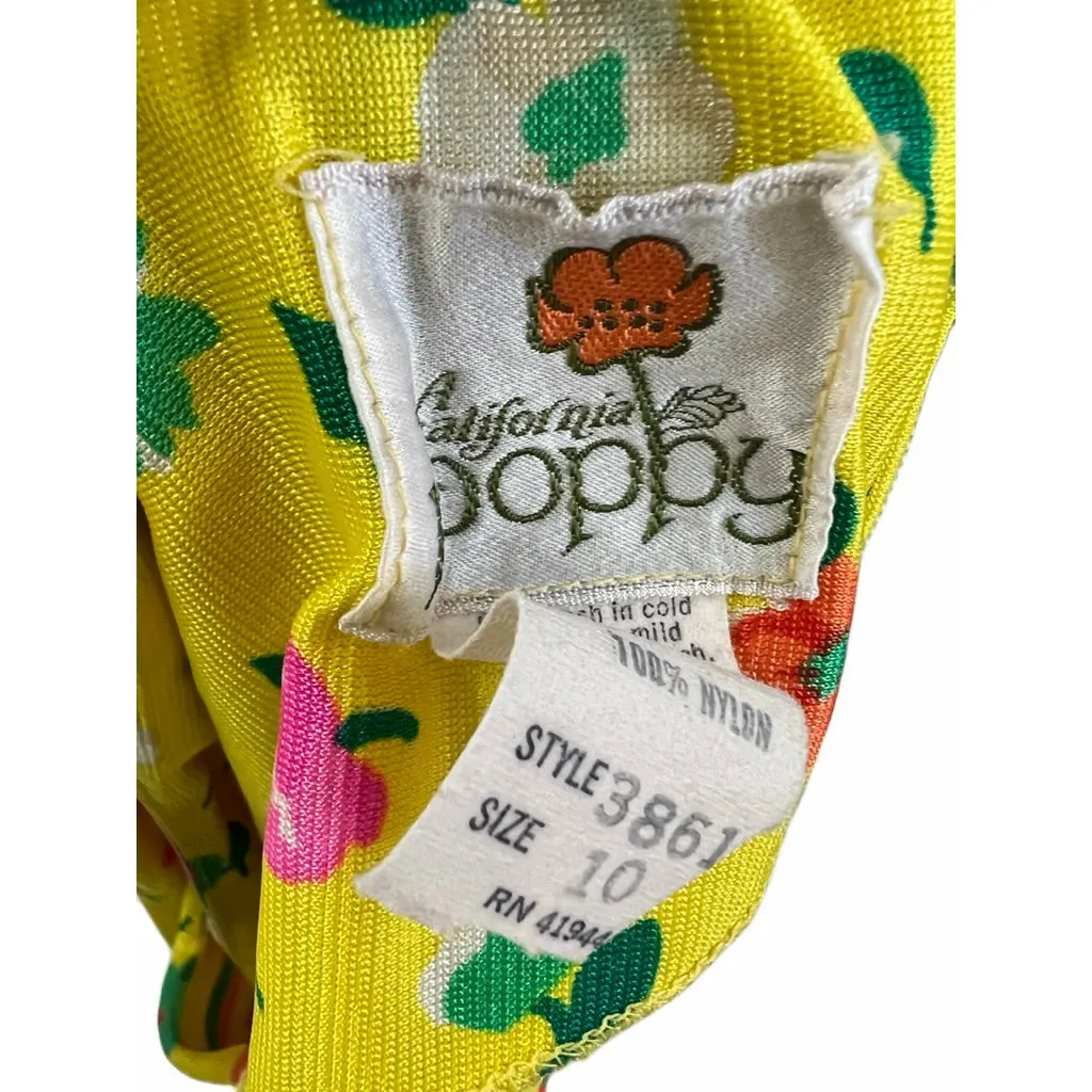 Vintage California Poppy Yellow Floral Sleeveless Dress 1960s Slinky Summer Small