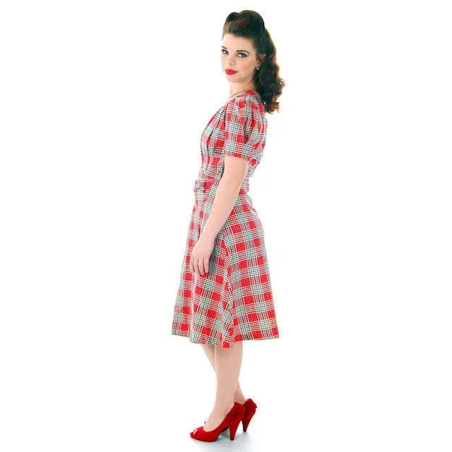 Vintage Red Plaid Dress Cotton Seersucker Deadstock Early 1940s Small