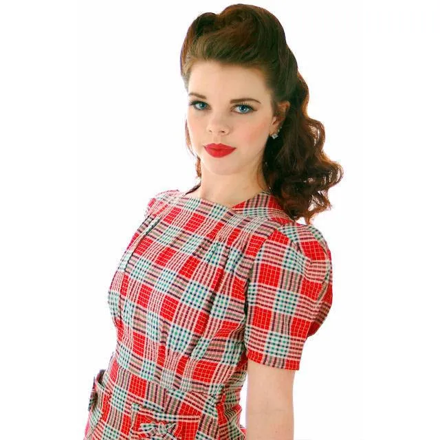 Vintage Red Plaid Dress Cotton Seersucker Deadstock Early 1940s Small