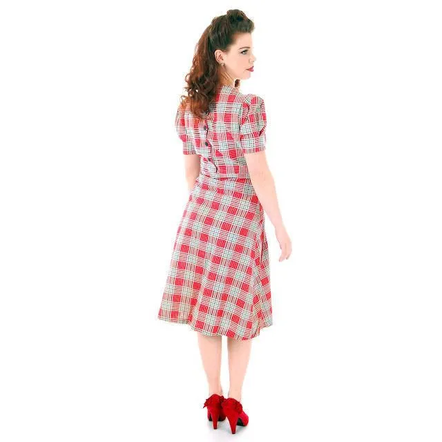 Vintage Red Plaid Dress Cotton Seersucker Deadstock Early 1940s Small