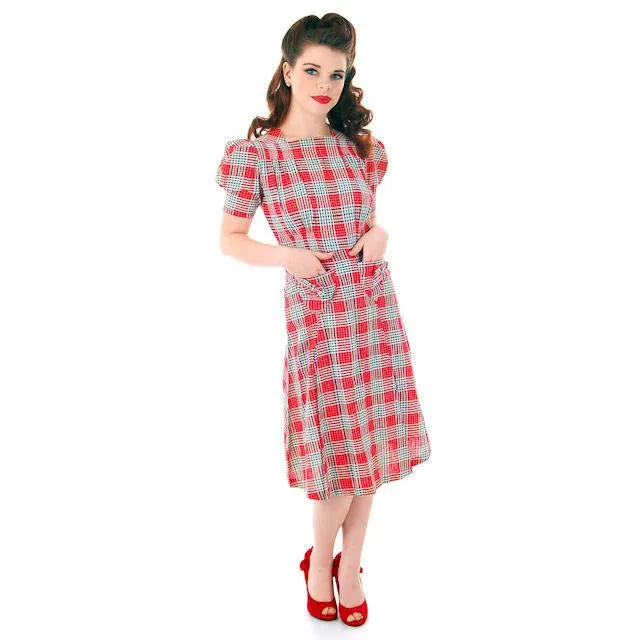 Vintage Red Plaid Dress Cotton Seersucker Deadstock Early 1940s Small