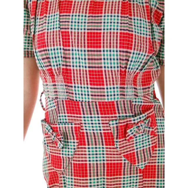 Vintage Red Plaid Dress Cotton Seersucker Deadstock Early 1940s Small