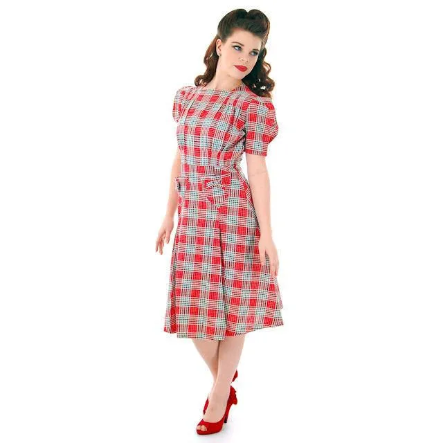 Vintage Red Plaid Dress Cotton Seersucker Deadstock Early 1940s Small