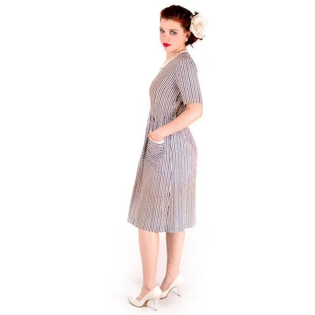 Vintage Womens House Dress Blue Striped Seersucker Early 1940s 38-30-48