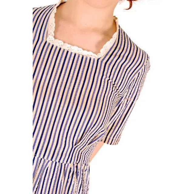 Vintage Womens House Dress Blue Striped Seersucker Early 1940s 38-30-48