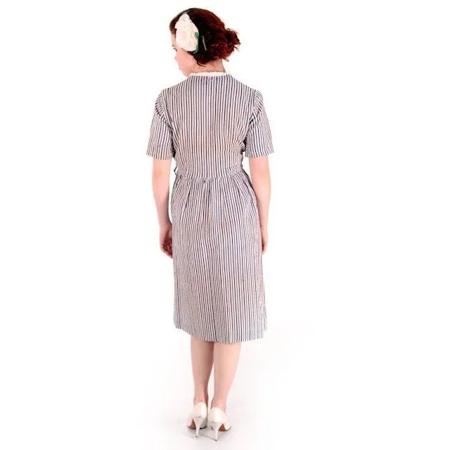 Vintage Womens House Dress Blue Striped Seersucker Early 1940s 38-30-48